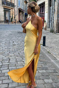 One Shoulder Spaghetti Strap Satin Thigh Slit Maxi Dress