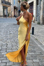 One Shoulder Spaghetti Strap Satin Thigh Slit Maxi Dress
