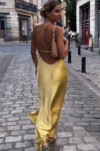 One Shoulder Spaghetti Strap Satin Thigh Slit Maxi Dress