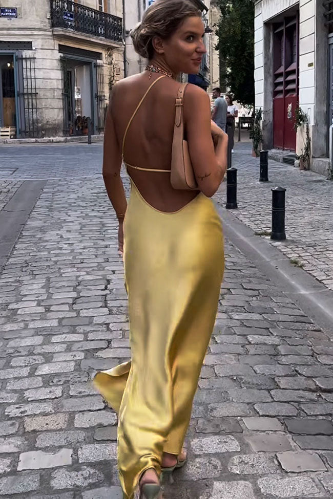 One Shoulder Spaghetti Strap Satin Thigh Slit Maxi Dress