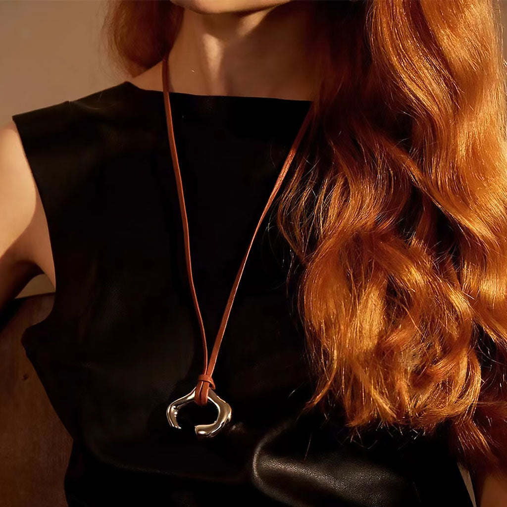 Rhodium Plated Asymmetrical Cuff Extra Long Leather Necklace