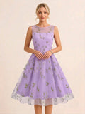 Vintage 1950s Floral Midi Dress For Women - Embroidery Mesh Illusion Neck A-Line Swing Prom Dress - Summer Cocktail 2026