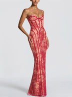 Date Night Dresses Bodycon Maxi Lace Sleeveless Backless Strapless Sexy Burgundy Dress