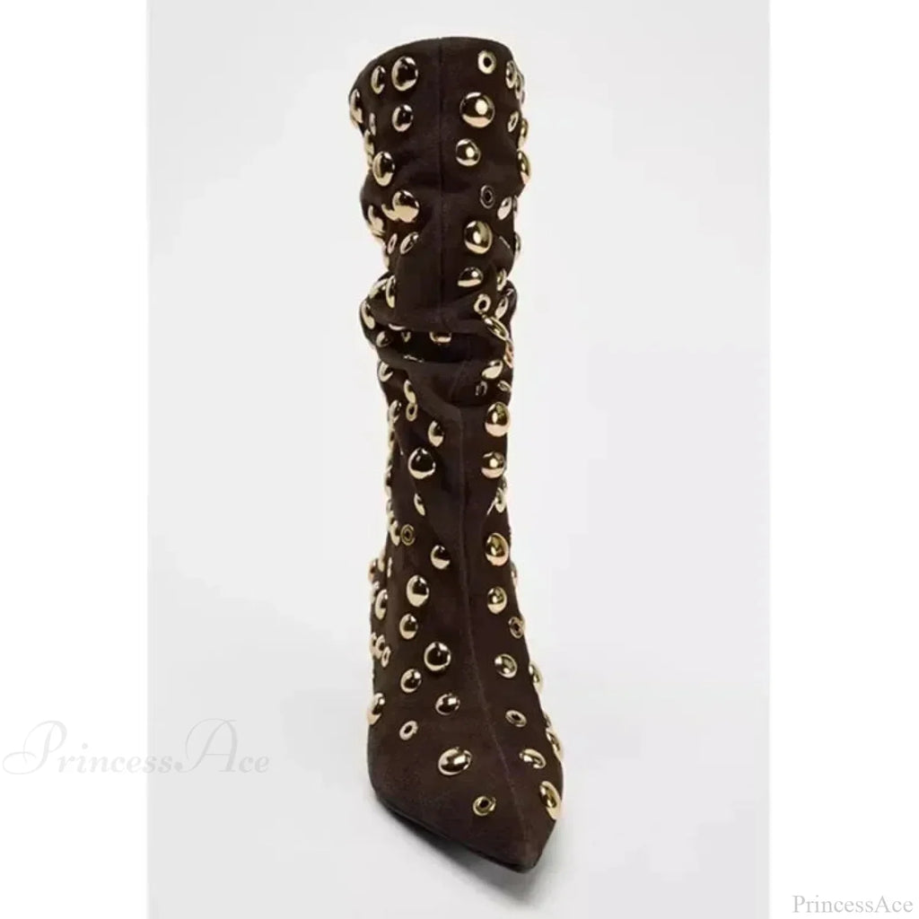 Attractive Rivet Pleated Tall Heel Pointed Gothic Boot