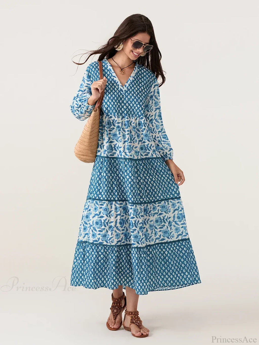 Autumn Floral Long Sleeve V-Neck Loose A-Line Floral Dress