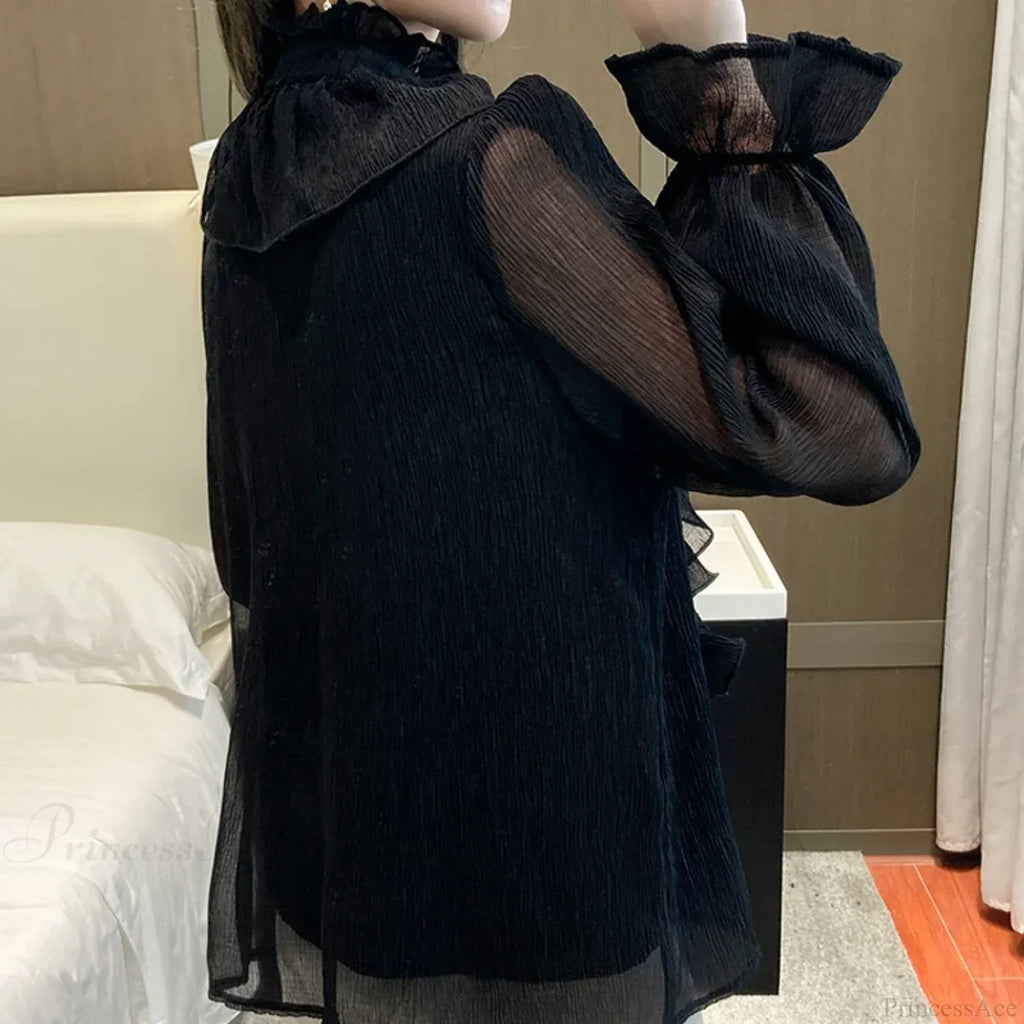 Autumn Ruffled Lace Chiffon Stand Collar Blouse