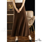 Autumn Winter A-Line Elastic High Waist Knitted Pleated Over Knee Skirt