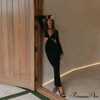 Autumnal Long-sleeved Halter-necked Black Split Skinny Sensual Maxi Dress