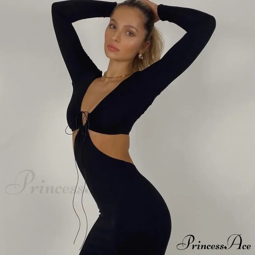 Autumnal Long-sleeved Halter-necked Black Split Skinny Sensual Maxi Dress
