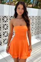 Strapless Ruched Shirred Waist Flared Skater Mini Dress