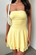Strapless Ruched Shirred Waist Flared Skater Mini Dress