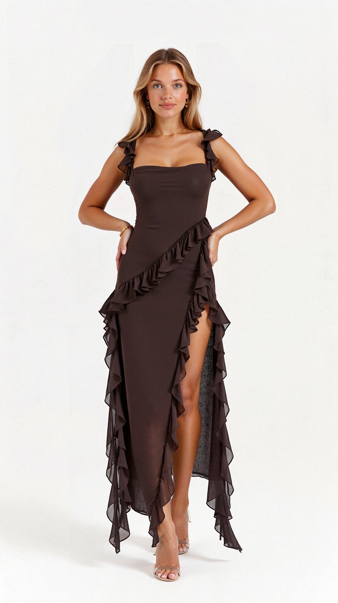 Katherine Minimalist Dress Maxi with Ruffles Elevated Occasion Wear