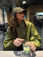 Avocado Green Single Breasted Leather Coat