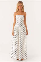Strapless Polka Dot Dropped Waist Flowy Maxi Dress