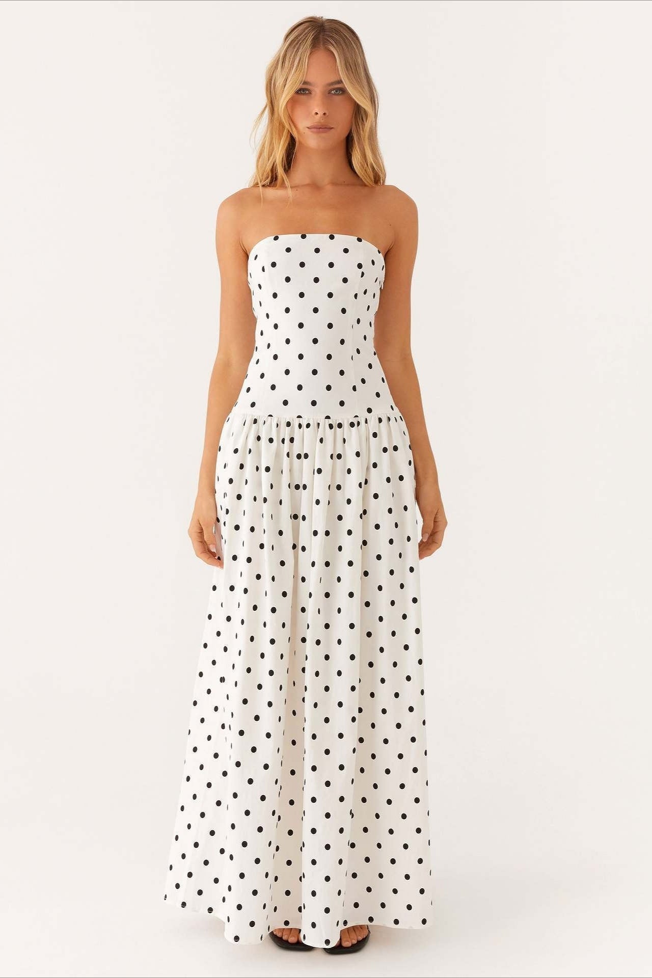 Strapless Polka Dot Dropped Waist Flowy Maxi Dress
