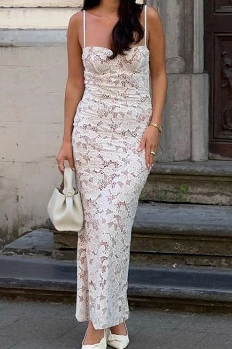 Floral Lace Corset Bustier Spaghetti Strap Column Maxi Dress