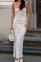 Floral Lace Corset Bustier Spaghetti Strap Column Maxi Dress