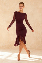 Mesh Long Sleeve Boat Neck Ruched High Low Ruffle Midi Dress
