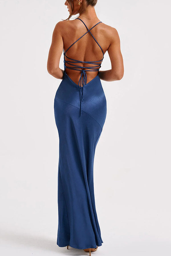 Satin Deep V-Neck Spaghetti Strap High Slit Column Maxi Dress