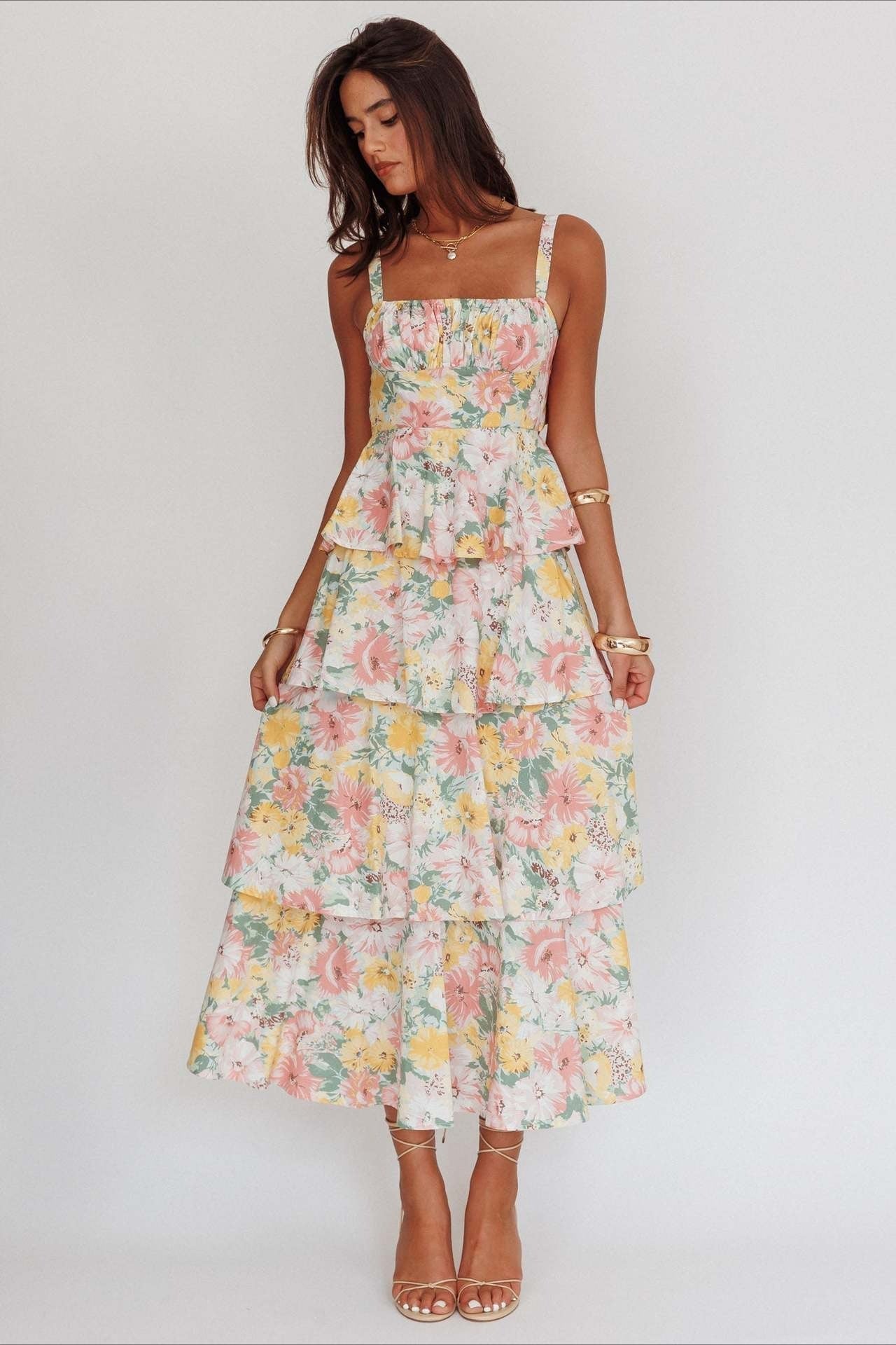 Bow Detail Printed Slim Party Floral Dress