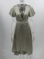 Short Sleeves Midi Dresses V-Neck Knotted High Low Design
