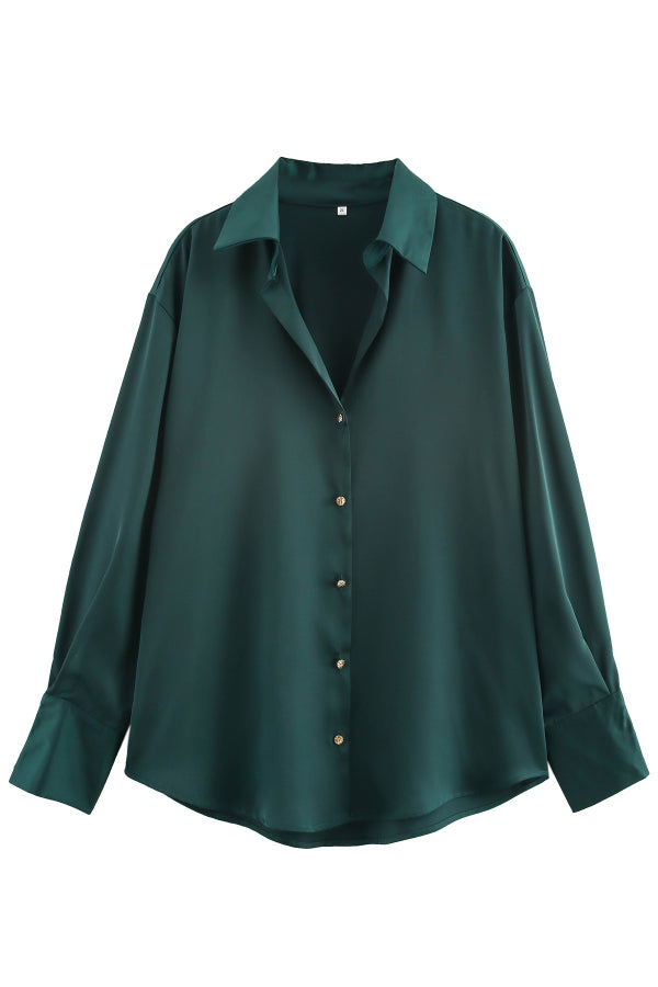 Solid Color Silk Satin Texture Single-breasted Long-sleeved Loose Shirt