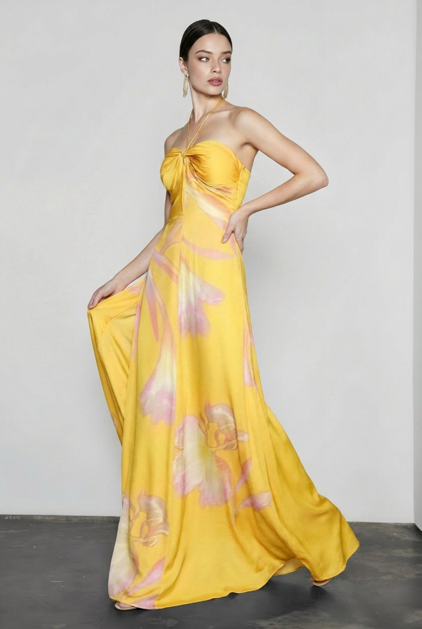 Floral Print Halter Tie Twist Front Keyhole Satin Maxi Dress