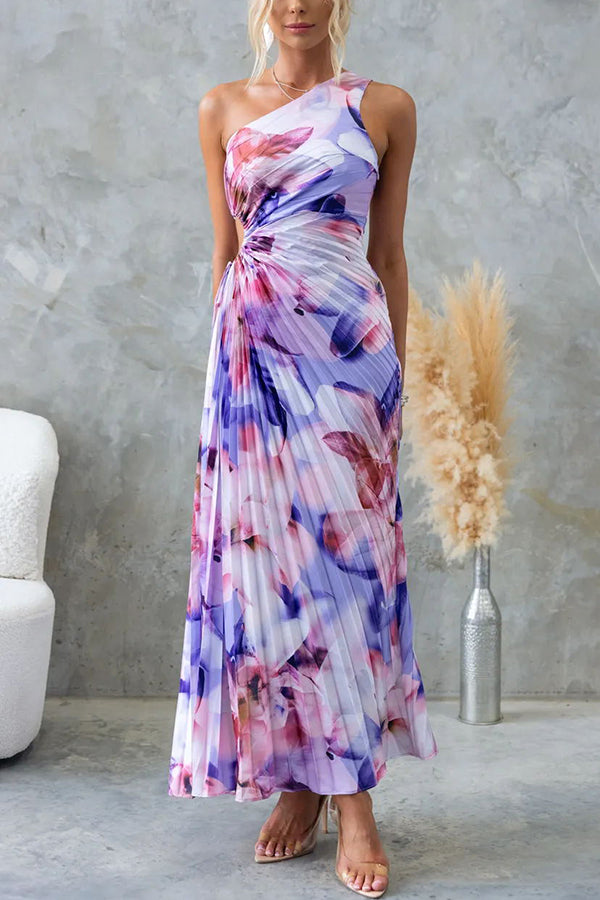 Floral Pleated One-Shoulder Twist Waist Side Cutout Maxi Dress