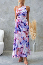 Floral Pleated One-Shoulder Twist Waist Side Cutout Maxi Dress