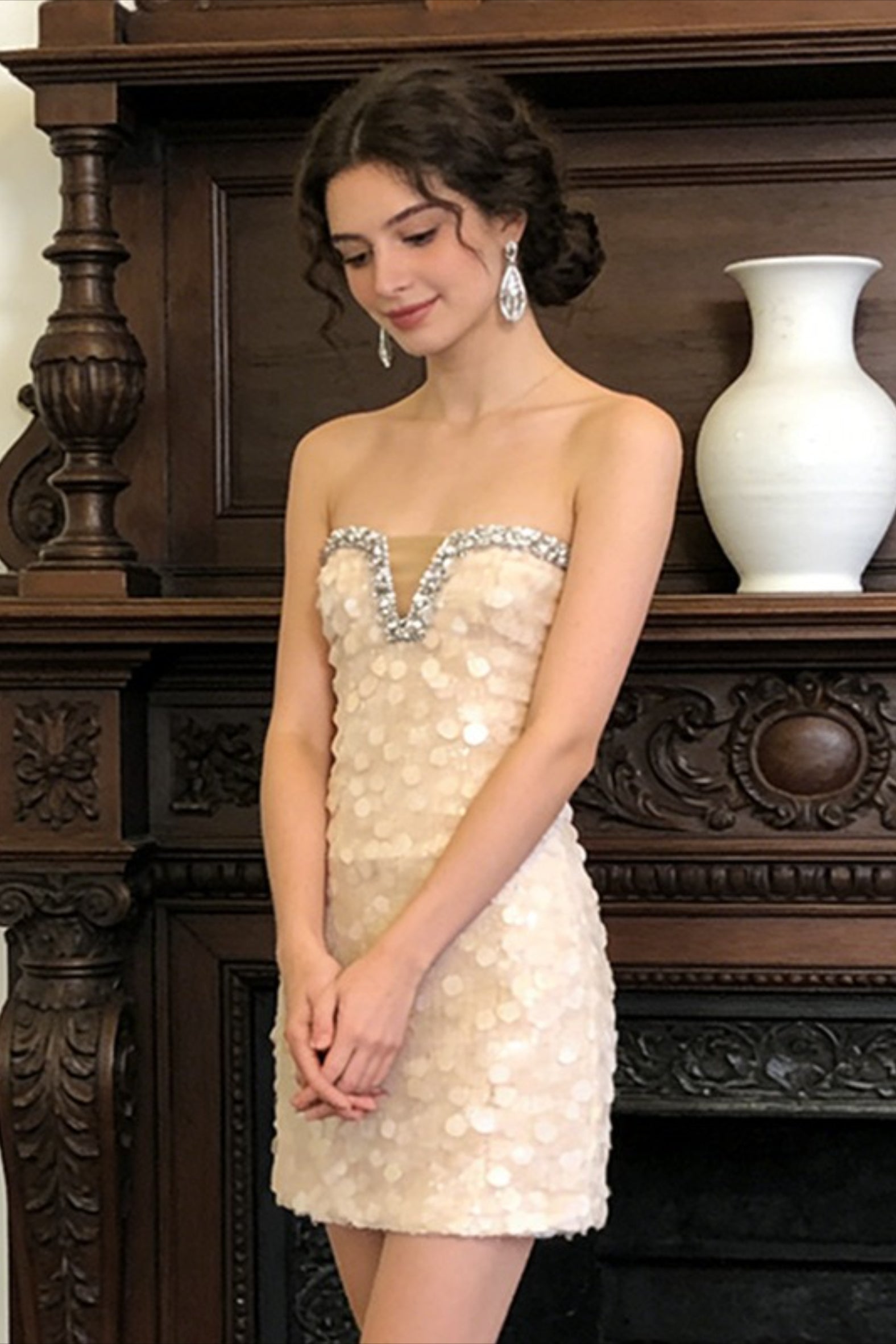 Strapless Rhinestone Trim Mesh Panel Notch Neck Sequin Paillette Mini Dress