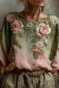 Bohemian Floral Print Round Neck Long-sleeved Loose Top