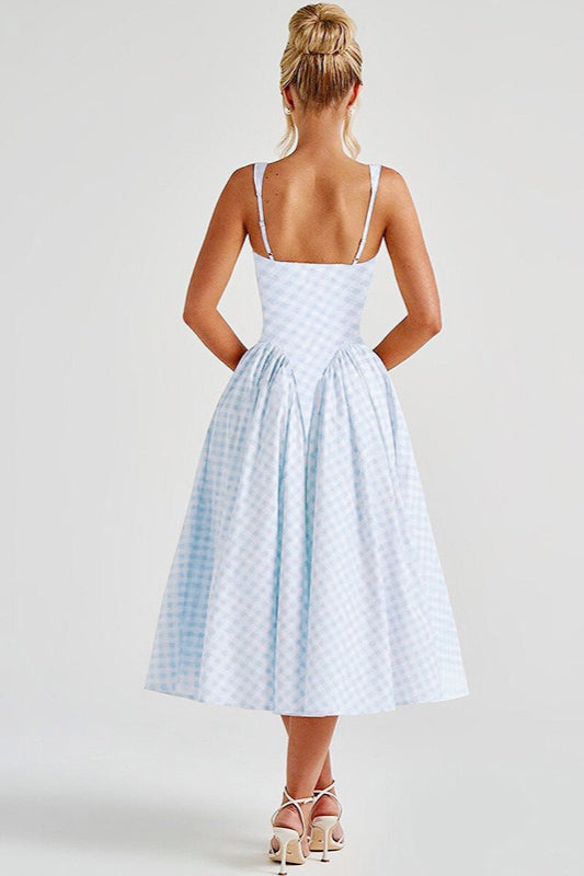 Gingham Square Neck Basque Waist Pleated Fit and Flare Midi Dress