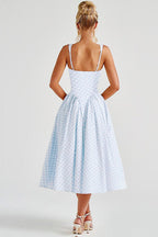 Gingham Square Neck Basque Waist Pleated Fit and Flare Midi Dress
