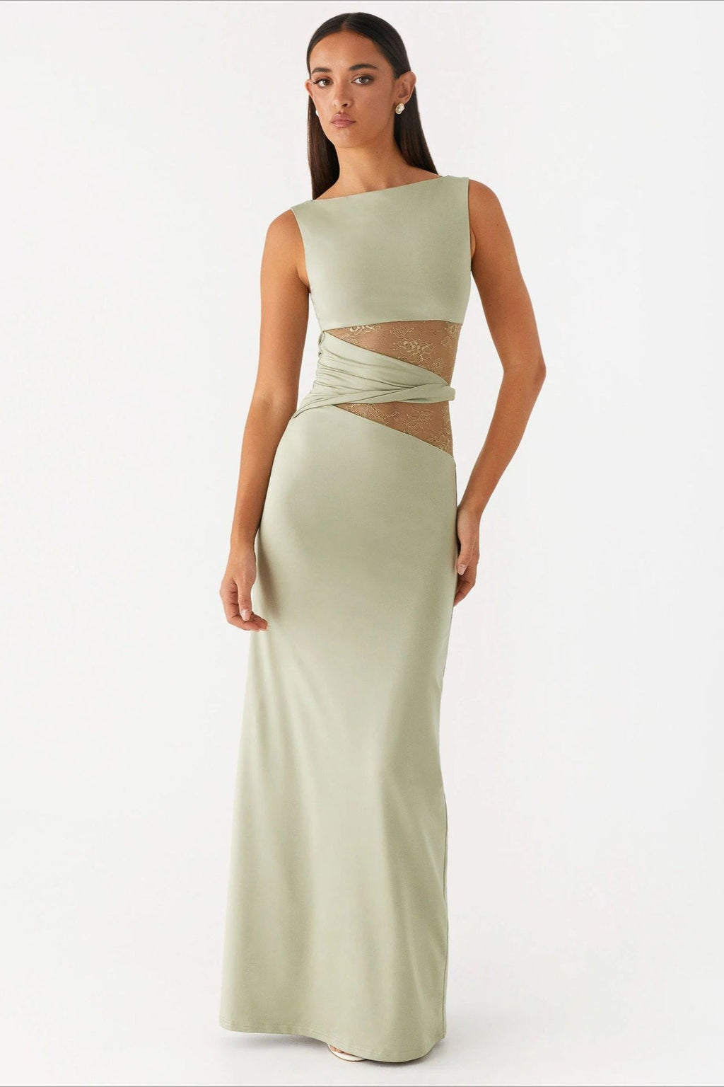 Lace Panel Boat Neck Cut Out Waist Sleeveless Bodycon Maxi Dress