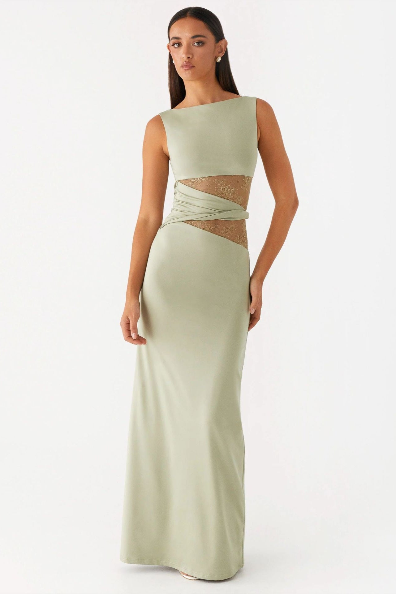 Lace Panel Boat Neck Cut Out Waist Sleeveless Bodycon Maxi Dress