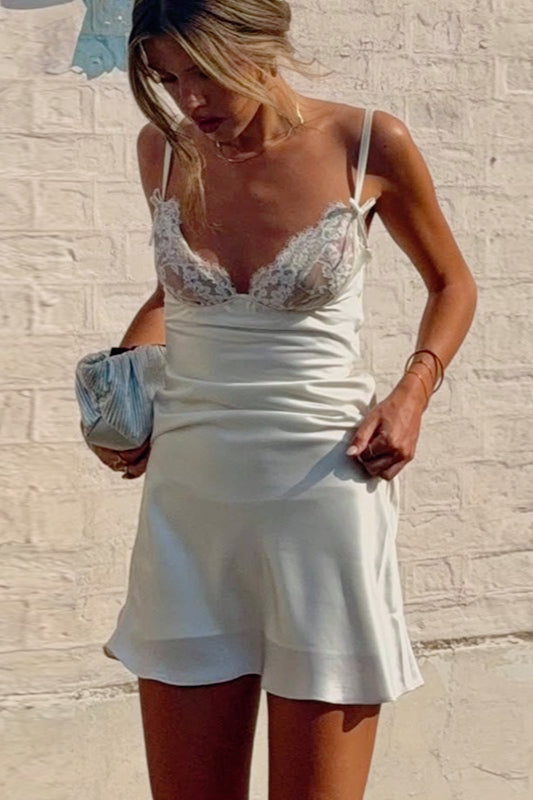 Floral Lace Bust Bow Strap Satin Slip Mini Dress