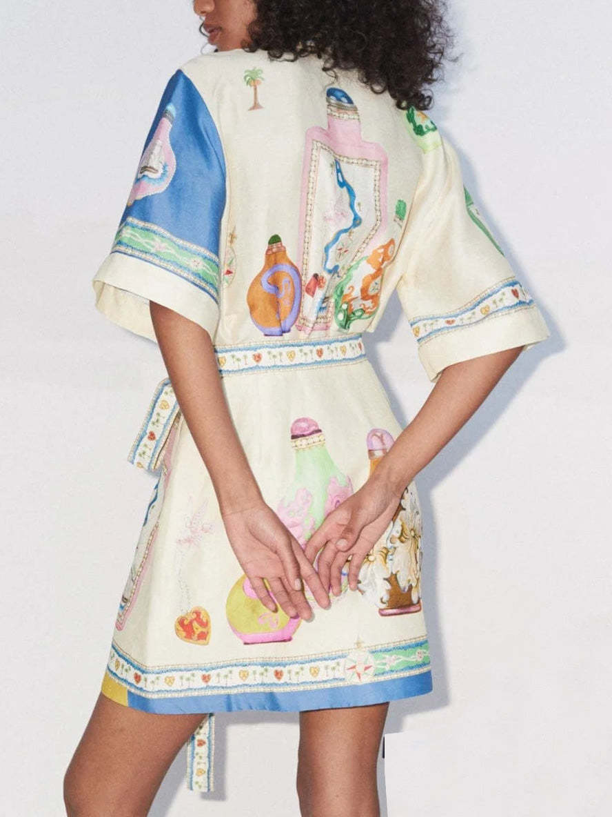 Scarf Panel Collar Button Front Tie Waist Shirt Mini Dress