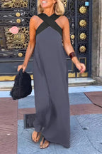 Halter Neck Mesh Illusion Panel Flowy Maxi Dress
