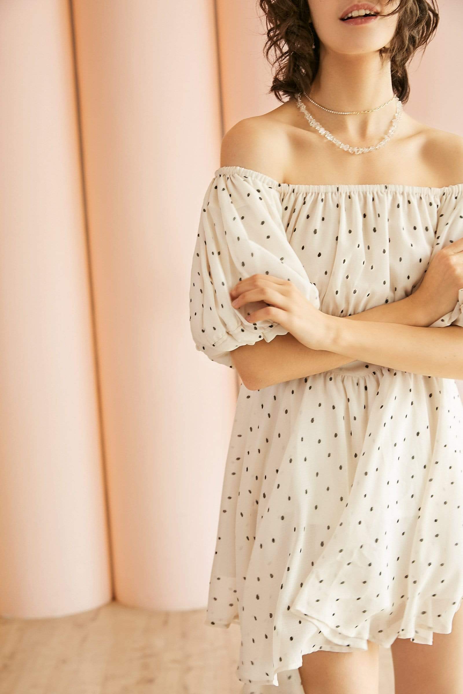 Off Shoulder Polka Dot Smocked Waist Puff Sleeve Ruffle Mini Dress