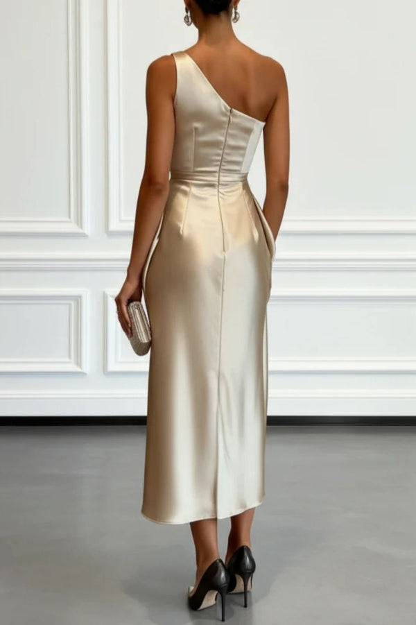 Satin One-shoulder Pleated Waist Elegant Midi Dress