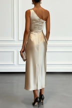 Satin One-shoulder Pleated Waist Elegant Midi Dress