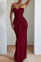 Sequin Strapless Corset Sweetheart Draped Knot Waist Formal Maxi Gown