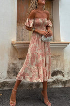 Pitaya Unique Print Off Shoulder Smocked Ruffle Sleeve Layered Midi Dress