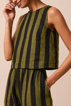 Striped Printed Crew Neck Sleeveless Top and Elastic Waist Wide-leg Pants Set
