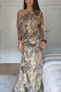 Cassie Satin Unique Print One Shoulder Ruched Waist Asymmetrical Hem Maxi Dress
