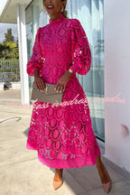 Romantic, Sensual and Elegant Crochet Lace Lantern Sleeve Party Midi Dress