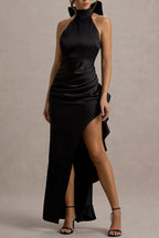Maureen Satin High Neck Ruched Ruffle Slit Draped Maxi Dress