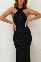 Sequin Cross Halter Neck Mermaid Flare Maxi Gown
