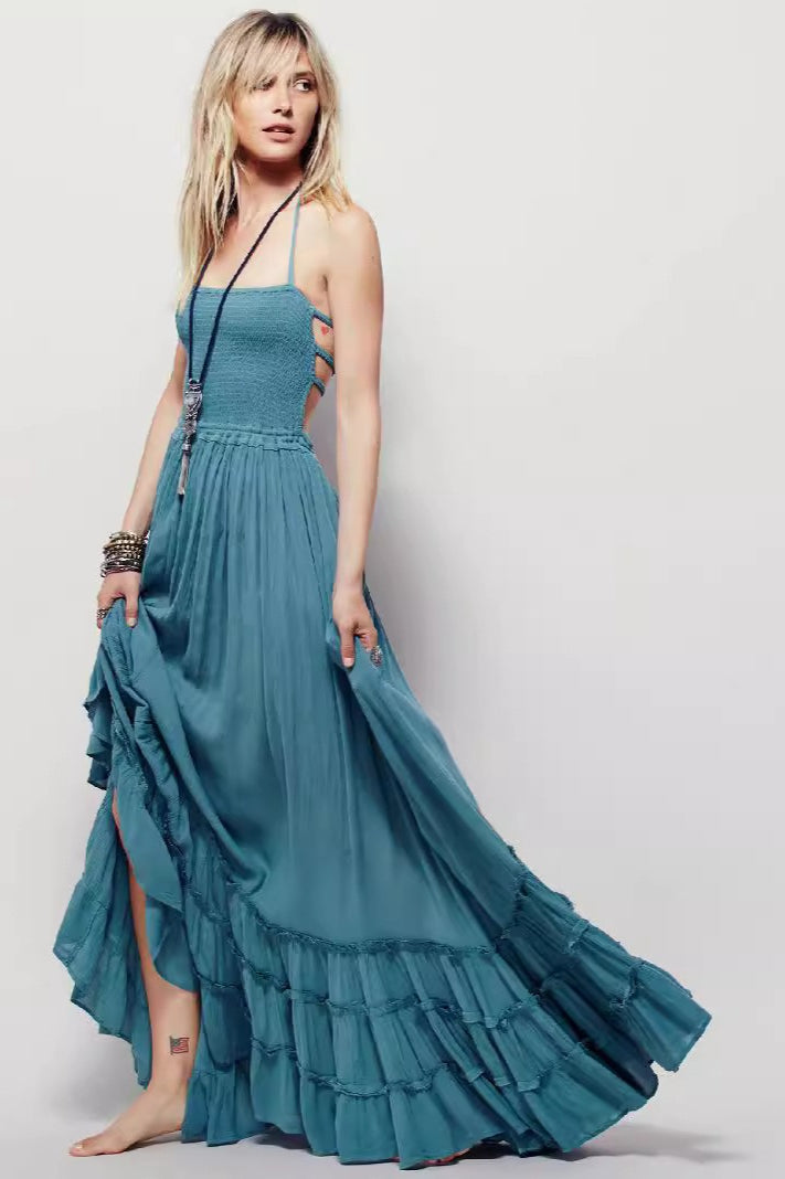Smocked Square Neck Halter Tie Cage Strap Tiered Maxi Summer Dress