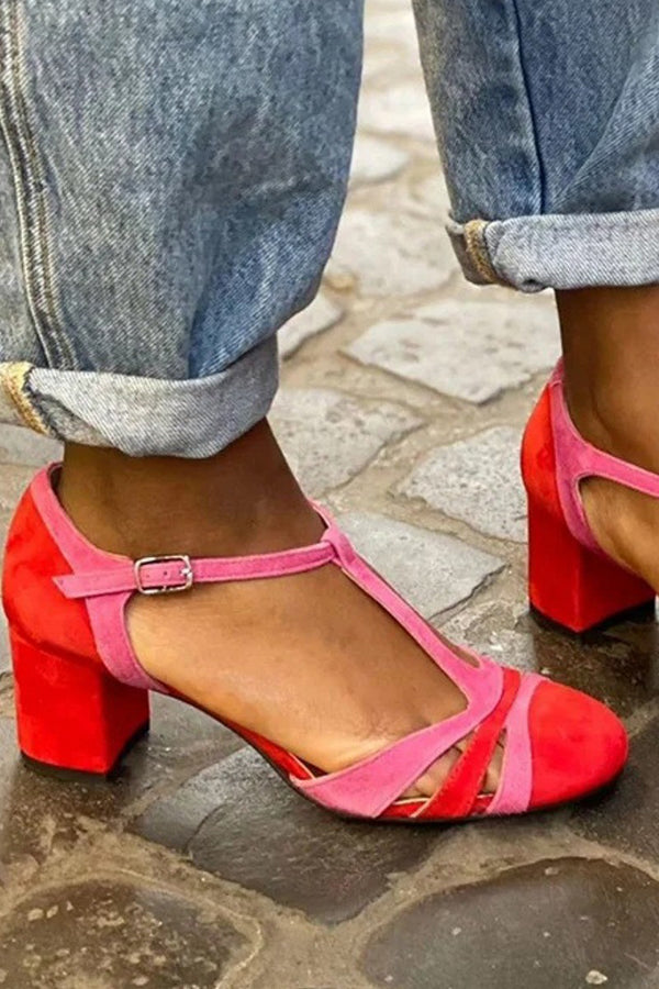 Color-blocked Faux Suede Chunky Heel Sandals